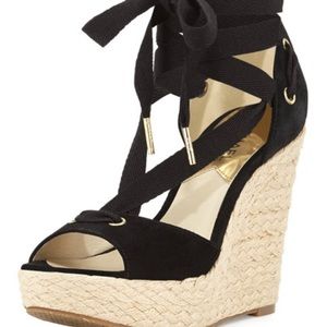Michael Kors Lilah Wedge black suede with ankle wrap